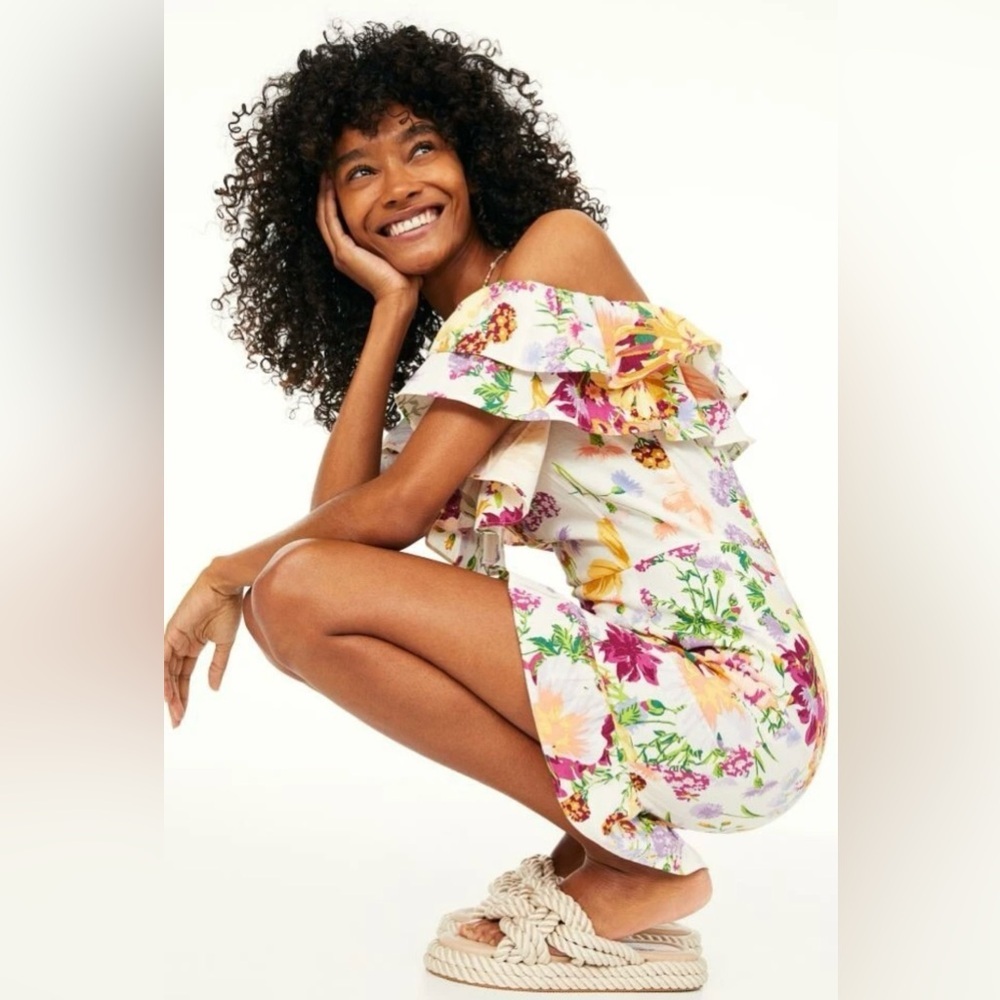 H&M FLOUNCED Off the Shoulder Mini DRESS Stylish Floral Mini Dress with Ruffles - Picture 5 of 10